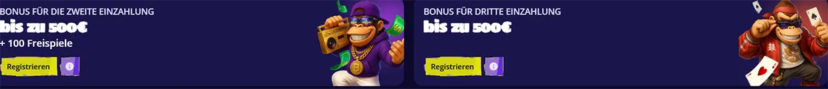 German casino bonus banners for the second and third deposit offers, each up to €500, with yellow registration buttons, free spins text, and cartoon monkey characters on a dark background.