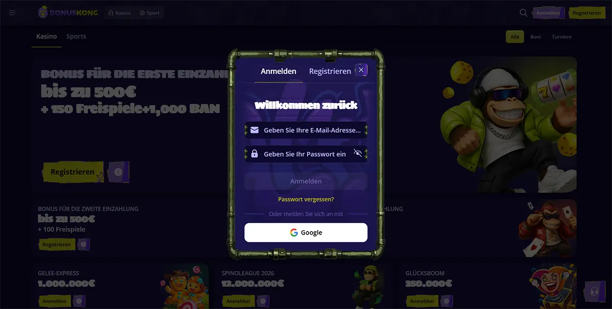 German casino login popup with email and password fields, Google sign-in option, and a “Willkommen zurück” welcome message displayed over a dark bonus page background.